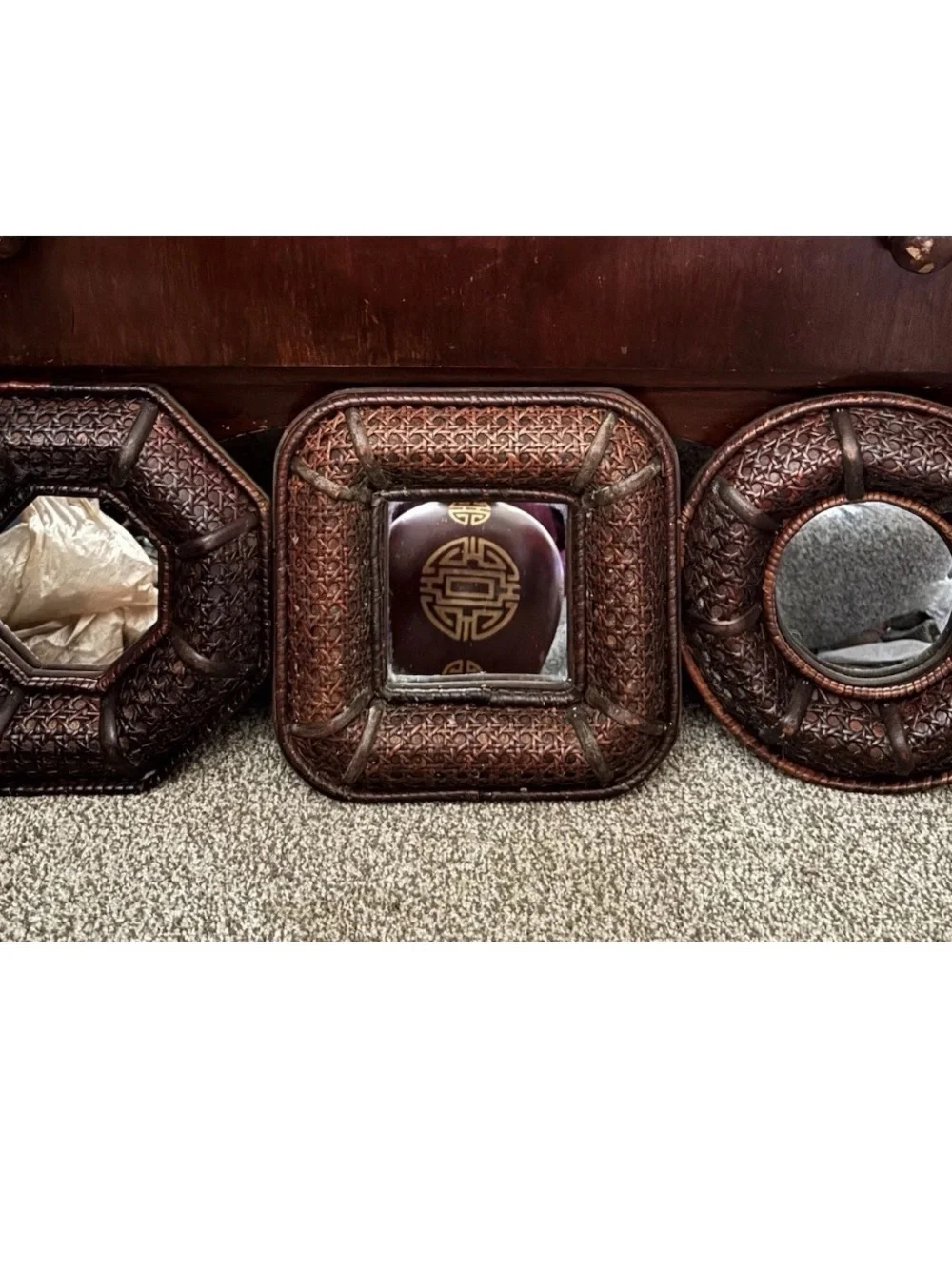 Vintage Boho Woven Wall Mirror Set of 3 10”x10” Asian Rattan Style Decor